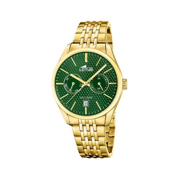 Reloj Lotus Caballero Multifunction Collection Acero IP Dorado Esfera Verde Con Calendario 42mm  Ref: 19074/3