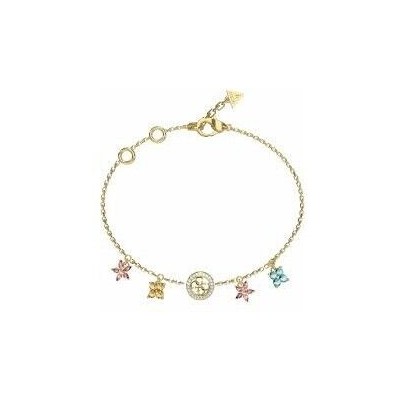 Pulsera Guess Mujer Secret Garden Acero Dorado Con Logo 4G y Flores En Circonitas De Colores Colgantes Ref: JUBB06033JWYGMCS