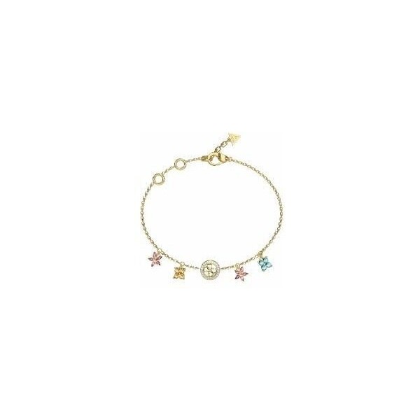 Pulsera Guess Mujer Secret Garden Acero Dorado Con Logo 4G y Flores En Circonitas De Colores Colgantes Ref: JUBB06033JWYGMCS