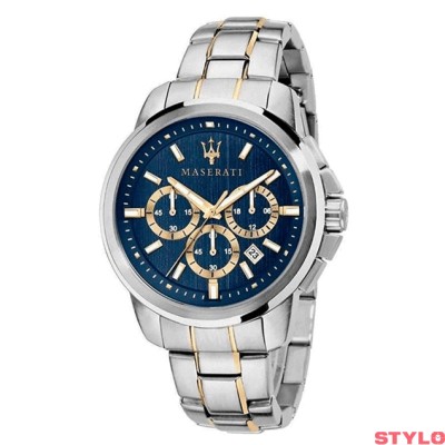 Reloj Maserati Caballero Successo Chronograph Acero Esfera Azul Marino Con Detalles En Tono Dorado 44mm Ref: R8873621016