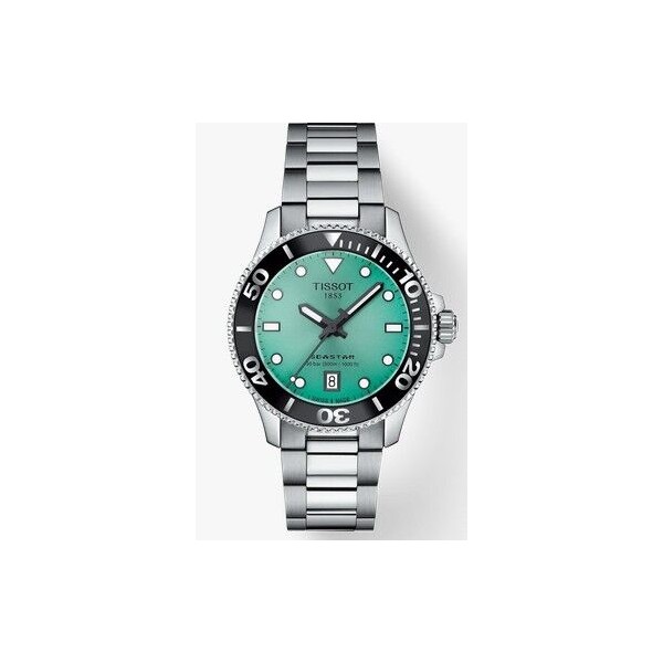 Reloj Tissot Seastar 1000 Caja 36mm Acero Esfera Turquesa Bisel Negro Movimiento Suizo Cristal Zafiro Ref: T1202101109100