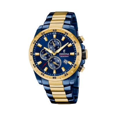 Reloj Festina Caballero Timeless Chronograph Acero Bicolor IP Azul/IP Dorado Esfera Azul 45.05mm Ref: F20564/1