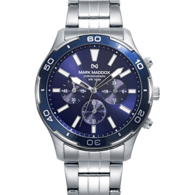 Reloj Mark Maddox Caja de acero con bisel azul 10 atm y brazalete de acero con movimiento cuarzo Ref: HM1017-36