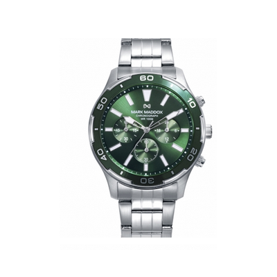 Reloj Mark Maddox Caja de acero con bisel verde 10 atm y brazalete de acero con movimiento cuarzo Ref: HM1017-66