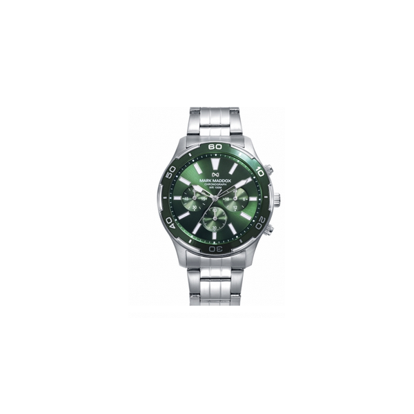 Reloj Mark Maddox Caja de acero con bisel verde 10 atm y brazalete de acero con movimiento cuarzo Ref: HM1017-66