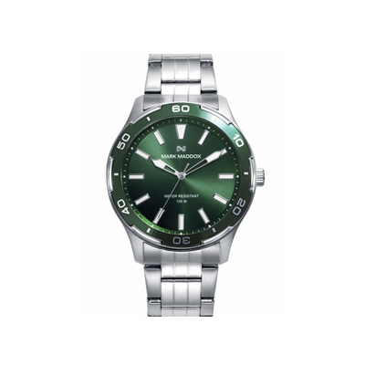 Reloj Mark Maddox Caja de acero con bisel verde 10 atm y brazalete de acero con movimiento cuarzo Ref: HM1016-66