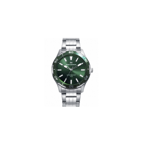 Reloj Mark Maddox Caja de acero con bisel verde 10 atm y brazalete de acero con movimiento cuarzo Ref: HM1016-66