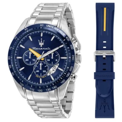 Reloj Maserati Caballero Modeno Special Edition Correa Acero + Silicona Azul Regalo Chronograph 45mm  Ref. R8871612039