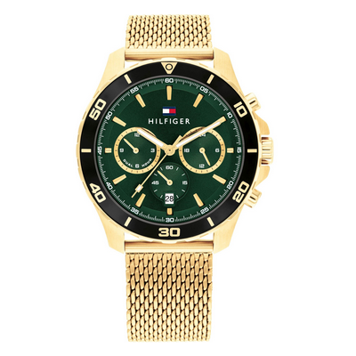 Reloj Tommy Hilfiger Caballero Jordan Malla Milanesa Dorado Con Esfera Verde Ref: 1792093