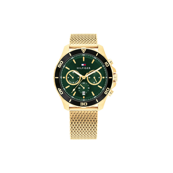 Reloj Tommy Hilfiger Caballero Jordan Malla Milanesa Dorado Con Esfera Verde Ref: 1792093