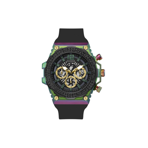 Reloj Guess Exposure Caballero Correa Silicona Negra, Acero Colores, Circonitas Negras, Multifunción Ref: GW0633G1