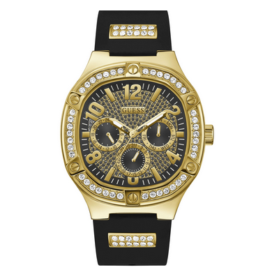 Reloj Guess Duke Caballero 46mm Correa Silicona Negra, Acero Dorado Con Circonitas Blancas, Multifunción Ref: GW0641G2