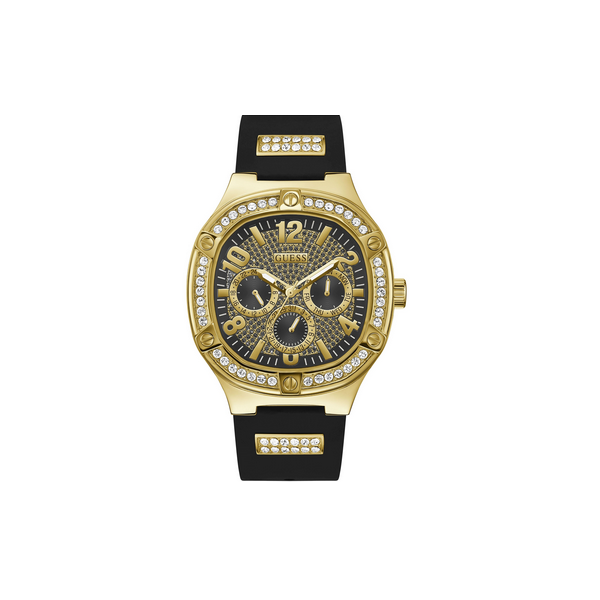 Reloj Guess Duke Caballero 46mm Correa Silicona Negra, Acero Dorado Con Circonitas Blancas, Multifunción Ref: GW0641G2