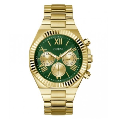 Reloj Guess Caballero Equity Acero Dorado Mate Esfera Verde Multifunción Bisel Dentado 44mm Ref: GW0703G2
