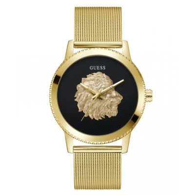 Reloj Guess Caballero Monarch Malla Milanesa Acero Dorado Esfera Negra León Dorado 44mm Ref: GW0702G1
